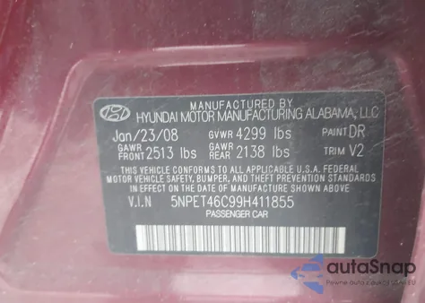 2009 Hyundai Sonata Gls from USA, damaged, VIN 5NPET46C99H411855